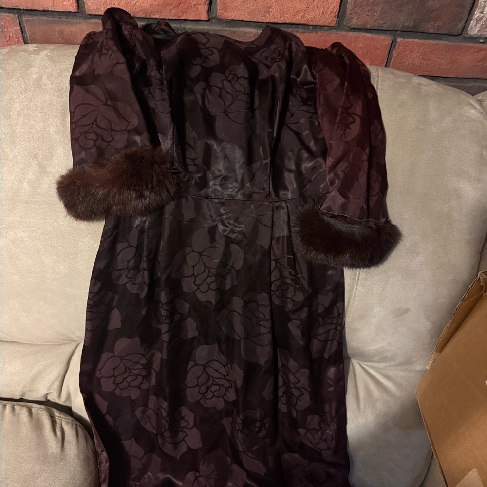 Elegant Floral Dress with Fur Cuffs